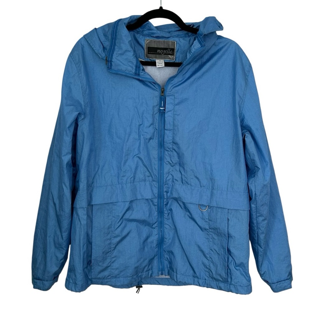 NEYELLE Women’s VintageY2K Windbreaker Blue/White Kangaroo Pocket Zipper Hood XL